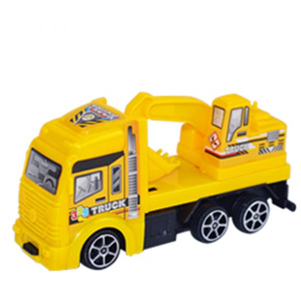 Set 5 masinute Karemi, seria de inginerie in constructii, cu elicopter, motocicleta, autobuz, cisterna, excavator, galbene