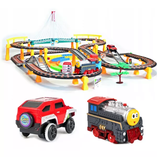 Mega circuit 2 in 1 Karemi, cu 192 piese, pista de cursa dubla, cu locomotiva si autovehicul, pod iluminat electric