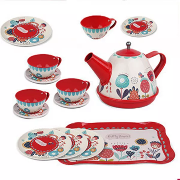 Set ceai Karemi, pentru copii, cu ceainic, cani, platou, Alb / Rosu