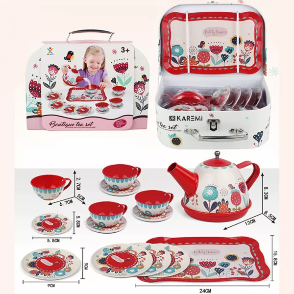 Set ceai Karemi, pentru copii, cu ceainic, cani, platou, Alb / Rosu