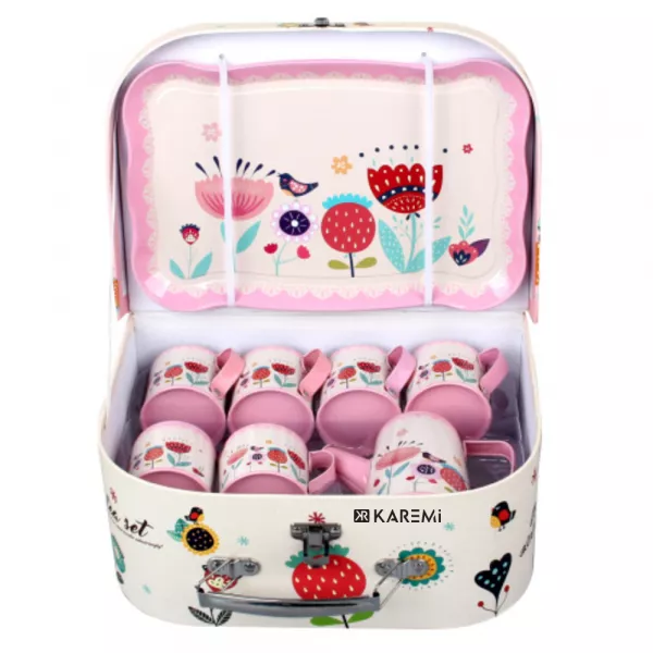 Set ceai Karemi, pentru copii, cu ceainic, cani, platou, Alb/ Roz, K01B-10023