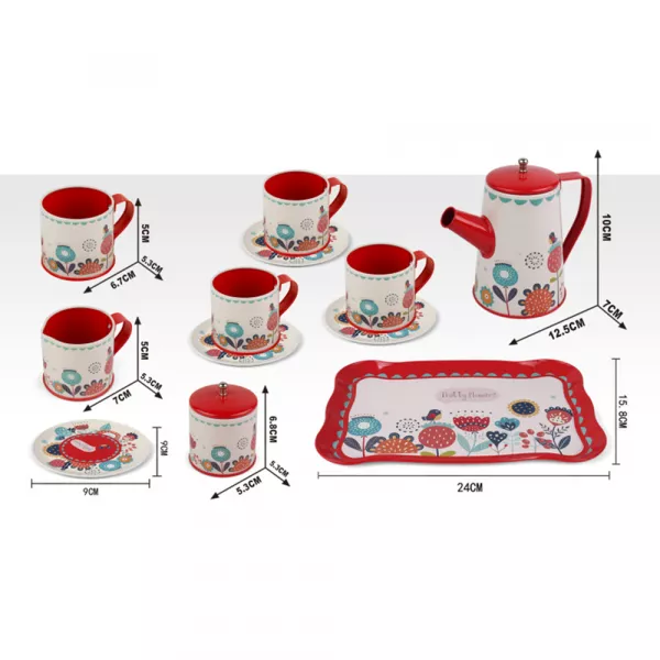 Set pentru bucatarie copii Karemi, cu piese pentru ceai, cu ceainic, cani si platou, Rosu / Alb