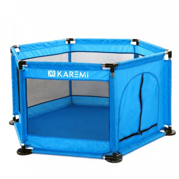 Tarc de joaca de copii multifunctional Karemi, plasa rezistenta, 50 bile, covor, albastru