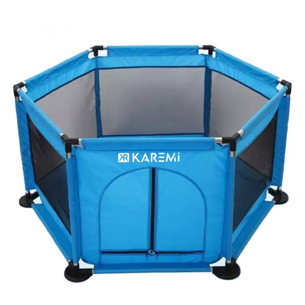 Tarc de joaca de copii multifunctional Karemi, plasa rezistenta, 50 bile, covor, albastru