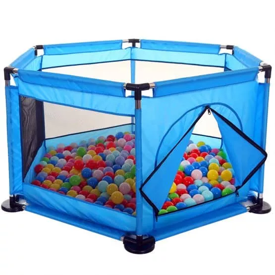 Tarc de joaca de copii multifunctional Karemi, plasa rezistenta, 50 bile, covor, albastru