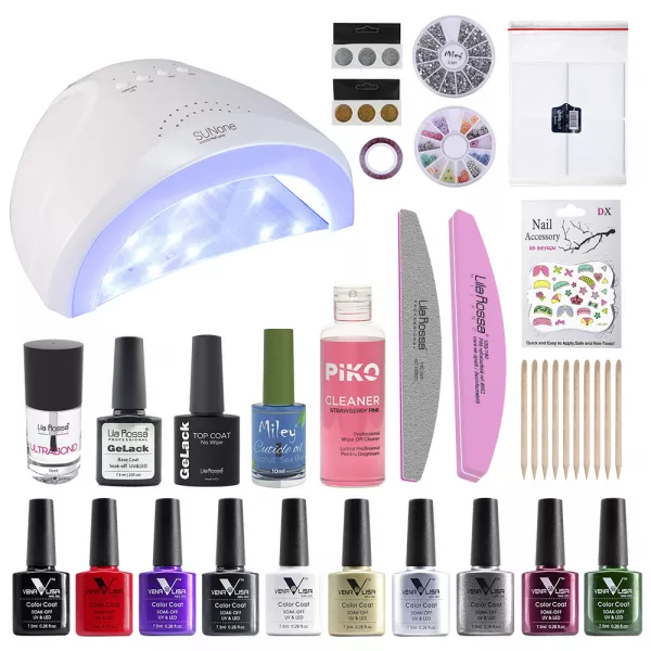 Kit Oja semipermanenta Venalisa, Glitter Colors, 10 oje Venalisa, lampa Sunone, accesorii
