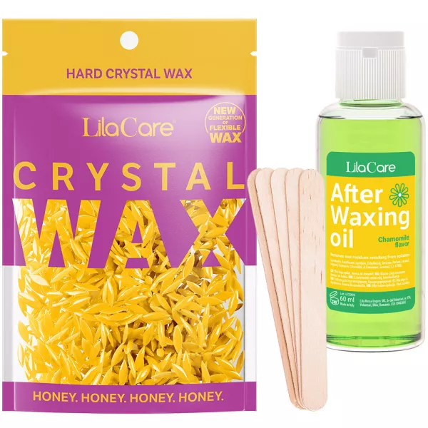 Kit epilare Lila Care, ceara granule Miere 100g, incalzitor ceara Lila Care, ulei dupa epilat, spatule ceara