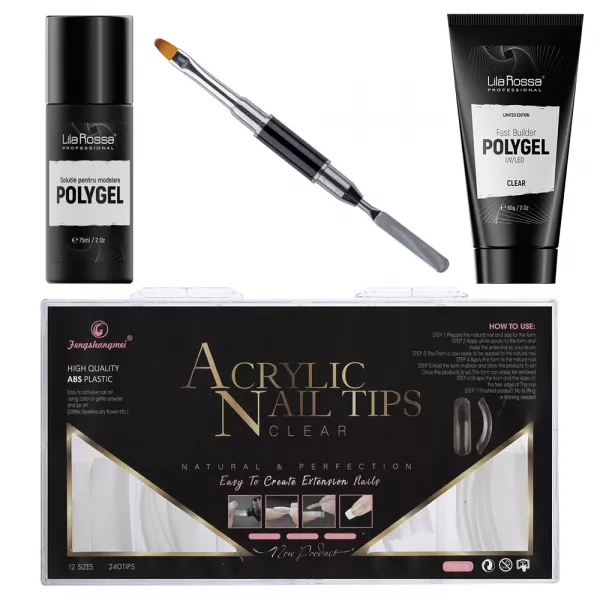 Kit Polygel Premium Clear, Lila Rossa, pensula, tipsuri, lichid modelare,  Fast Builder Polygel 60 g