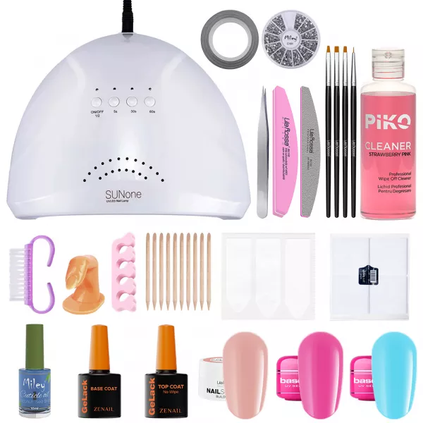 Kit unghii gel Perfect Nails 2, gel de constructie NailSchool, cu lampa LED Sunone+geluri color, nail art