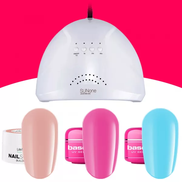 Kit unghii gel Perfect Nails 2, gel de constructie NailSchool, cu lampa LED Sunone+geluri color, nail art