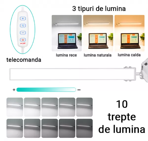 Lampa profesionala LED pentru masa, ajustabila, cu suport de prindere, alb