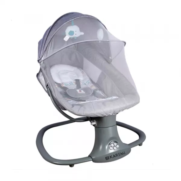 Leagan copii Karemi, Balansoar copii 3 in 1, electric, cu plasa tantari, perna detasabila, bara activitati, USB, bluetooth, telecomanda, gri
