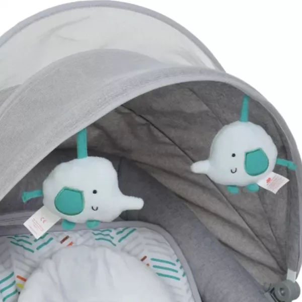 Leagan copii Karemi, Balansoar copii 3 in 1, electric, cu plasa tantari, perna detasabila, bara activitati, USB, bluetooth, telecomanda, gri