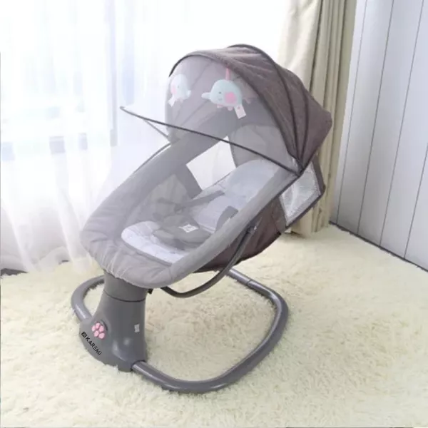 Leagan copii Karemi, Balansoar copii 3 in 1, electric, cu plasa tantari, perna detasabila, bara activitati, USB, bluetooth, telecomanda, gri