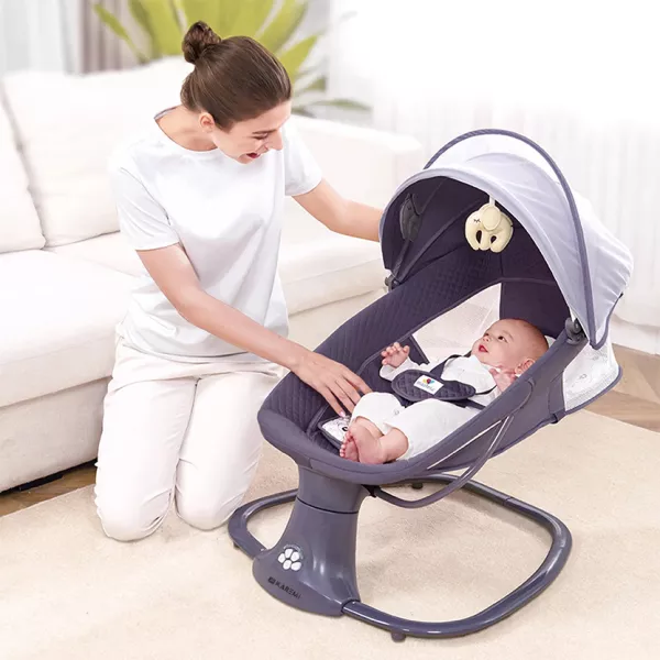 Leagan copii Karemi, Balansoar copii 3 in 1, electric, cu plasa tantari, perna detasabila, bara activitati, USB, bluetooth, telecomanda, purple