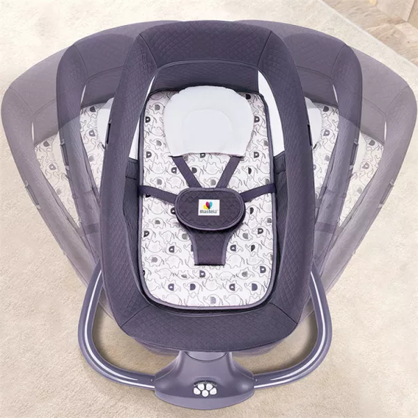 Leagan copii Karemi, Balansoar copii 3 in 1, electric, cu plasa tantari, perna detasabila, bara activitati, USB, bluetooth, telecomanda, purple