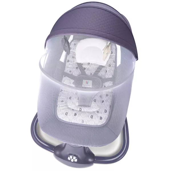 Leagan copii Karemi, Balansoar copii 3 in 1, electric, cu plasa tantari, perna detasabila, bara activitati, USB, bluetooth, telecomanda, purple