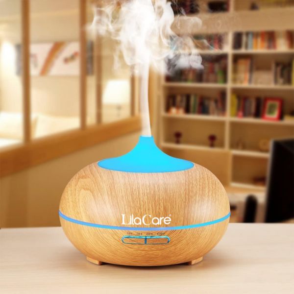 Umidificator si difuzor aromaterapie LilaCare, 500 ml, ultrasonic, cu telecomanda, lemn stejar