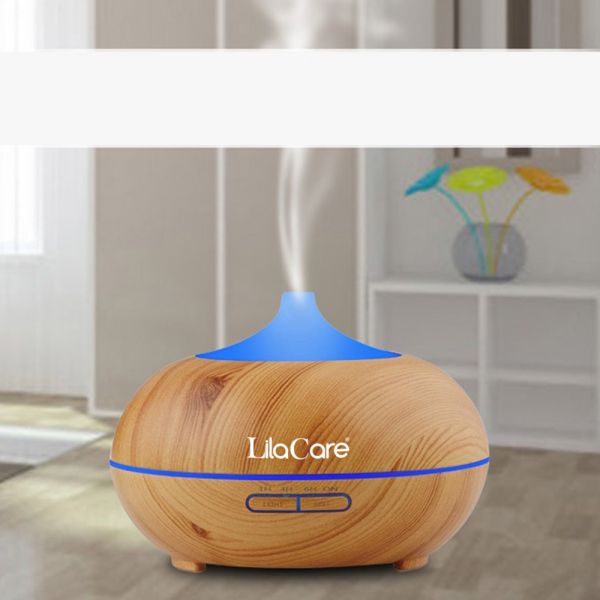 Umidificator si difuzor aromaterapie LilaCare, 500 ml, ultrasonic, cu telecomanda, lemn stejar