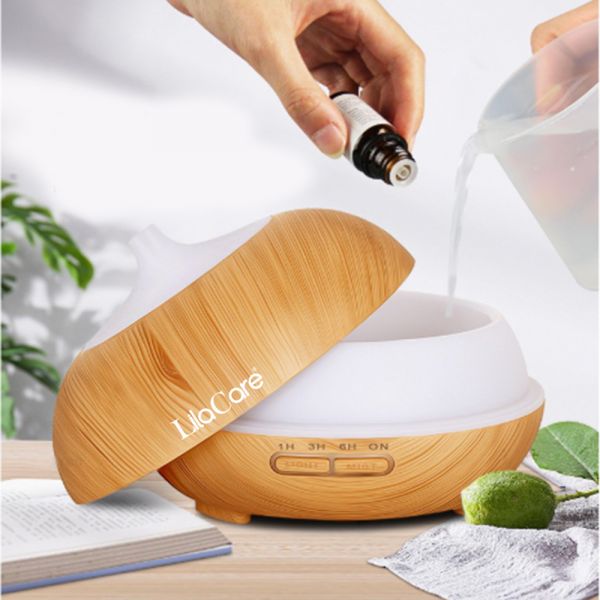 Umidificator si difuzor aromaterapie LilaCare, 500 ml, ultrasonic, cu telecomanda, lemn stejar