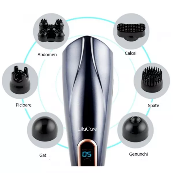 Aparat de masaj Lila Care, pentru spate, umeri, picioare, maini, gat, abdomen, cu 6 capete detasabile, 24 W, gri