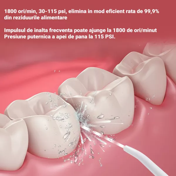 Irigator oral Lila Care, portabil, USB, jet de apa dentar, 3 moduri, rezervor de apa impermeabil dinti,  4 capete inlocuibile, 320 ml, Roz