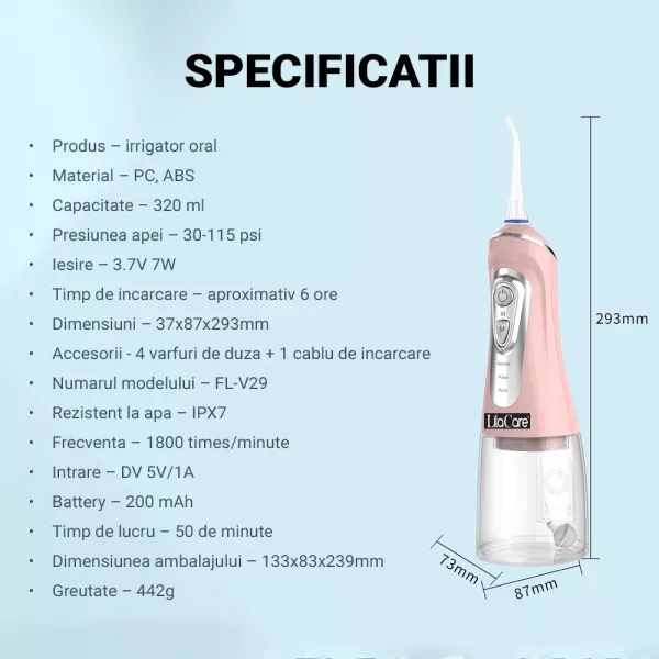 Irigator oral Lila Care, portabil, USB, jet de apa dentar, 3 moduri, rezervor de apa impermeabil dinti,  4 capete inlocuibile, 320 ml, Roz