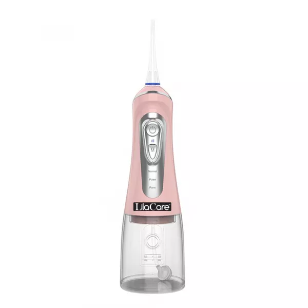 Irigator oral Lila Care, portabil, USB, jet de apa dentar, 3 moduri, rezervor de apa impermeabil dinti,  4 capete inlocuibile, 320 ml, Roz