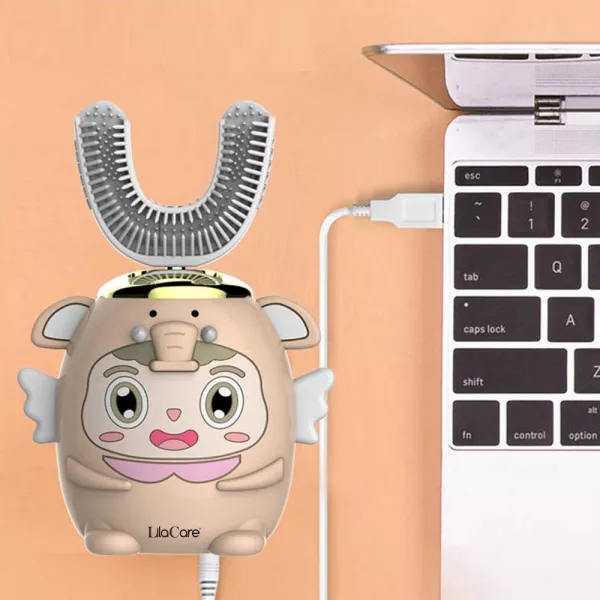 Periuta de dinti electrica pentru copii Lila Care, tip U, cu incarcare USB, cu 5 viteze, roz nude