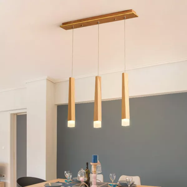 Lustra LED din lemn natural, 15 W, 3 abajururi
