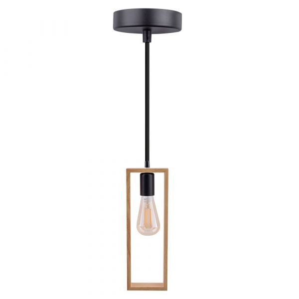 Lustra suspendata moderna din lemn natural, structura metalica, negru mat, 1 x E27