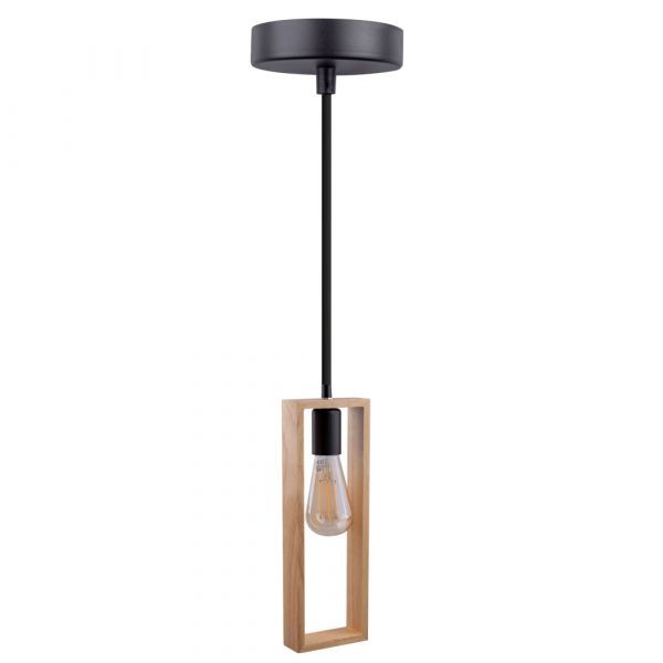 Lustra suspendata moderna din lemn natural, structura metalica, negru mat, 1 x E27