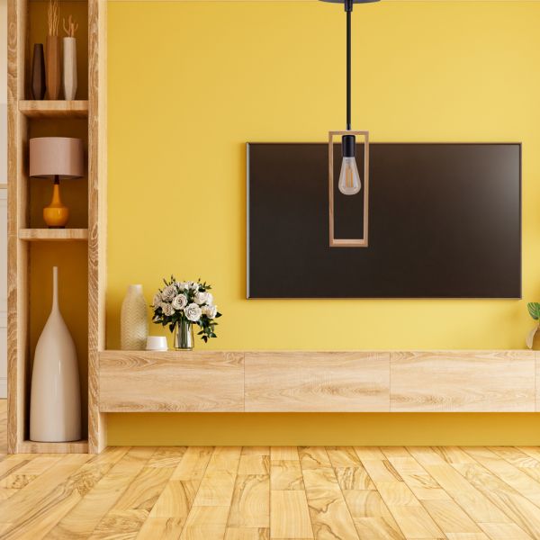 Lustra suspendata moderna din lemn natural, structura metalica, negru mat, 1 x E27