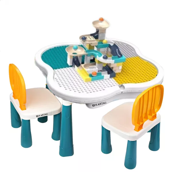 Masa interactiva tip lego KAREMI, pentru copii, cu 2 scaune + cuburi de asamblare, masuta activitati