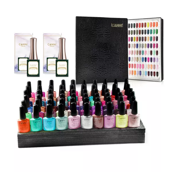 Kit oja semipermanenta Canni, 60 culori, k5 + peel off base coat + no-wipe topcoat + paletar