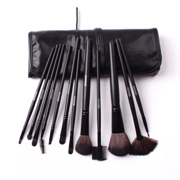 Set 12 pensule makeup Megaga, Lila Rossa, cu husa neagra 
