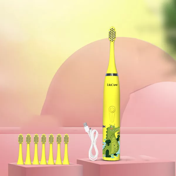 Periuta de dinti electrica Lila Care, pentru copii, rezistent la apa, cu incarcare USB, 6 capete inlocuibile, 4 moduri de vibratii, galben
