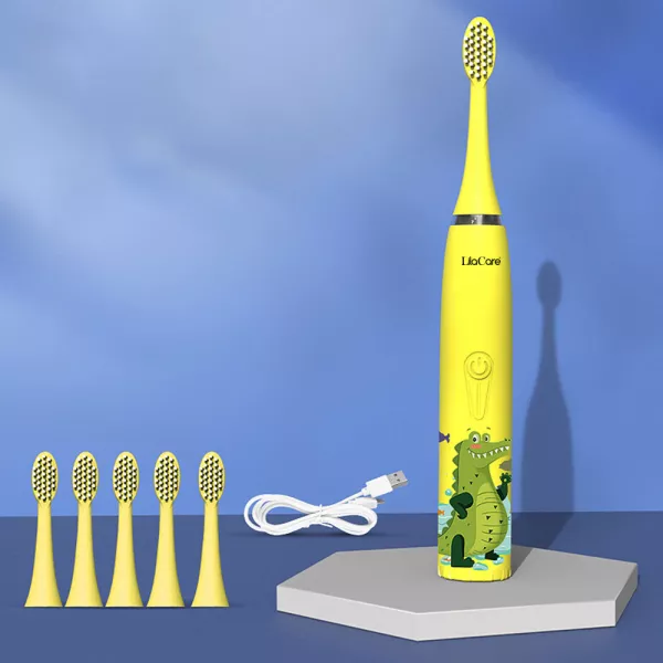Periuta de dinti electrica Lila Care, pentru copii, rezistent la apa, cu incarcare USB, 6 capete inlocuibile, 4 moduri de vibratii, galben