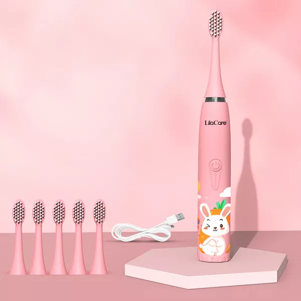 Periuta de dinti electrica Lila Care, pentru copii, rezistent la apa, cu incarcare USB, 6 capete inlocuibile, 4 moduri de vibratii, roz