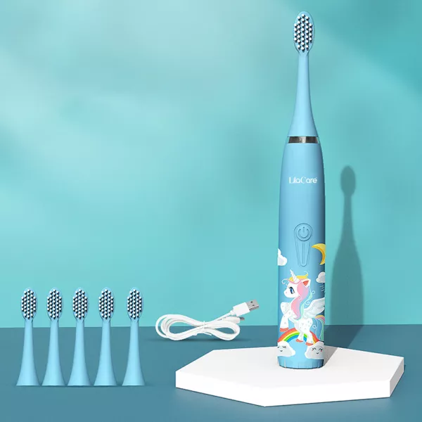 Periuta de dinti electrica Lila Care, pentru copii, rezistent la apa, cu incarcare USB, 6 capete inlocuibile, 4 moduri de vibratii, albastru deschis