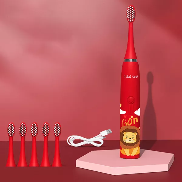 Periuta de dinti electrica Lila Care, pentru copii, rezistent la apa, cu incarcare USB, 6 capete inlocuibile, 4 moduri de vibratii, rosu