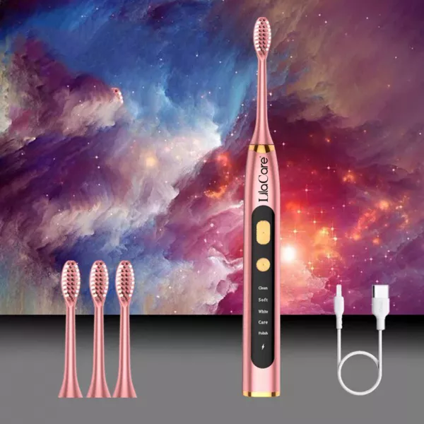 Periuta de dinti electrica LilaCare, rezistent la apa, incarcare USB, 5 moduri de vibratii, 4 capete inlocuibile, roz