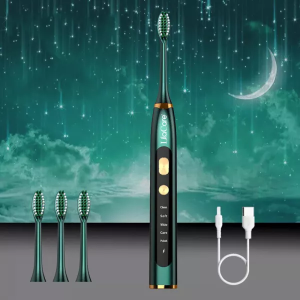 Periuta de dinti electrica LilaCare, rezistenta la apa, incarcare USB, 5 moduri de vibratii, 4 capete inlocuibile, verde
