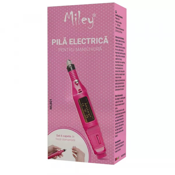 Pila electrica, freza unghii pentru incepatori, Miley, roz, 13.000 rpm, 9 W