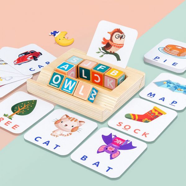 Puzzle Karemi din lemn, joc de ortografie, spelling game, invatare limba engleza, 79 de piese, K01B-10140
