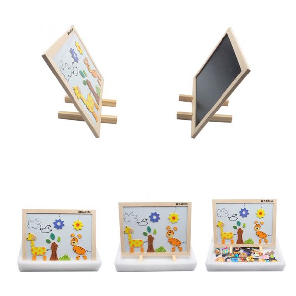 Puzzle Karemi din lemn, tabla cu 2 fete, magnetica si table pentru creta, cu personaje