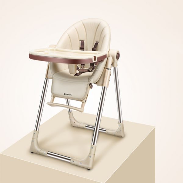 Scaun de masa Karemi, pentru bebe, multifunctional, din piele ecologica, cu tavita si suport picioare, maro
