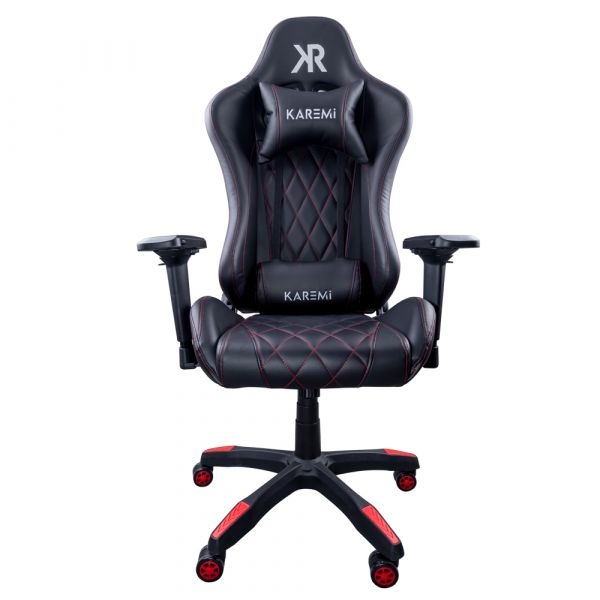 Scaun gaming Karemi, piele ecologica, 2 perne incluse, negru si rosu