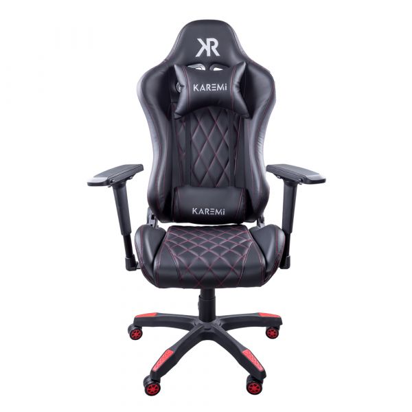 Scaun gaming Karemi, piele ecologica, 2 perne incluse, negru si rosu