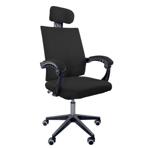 Scaun textil Karemi, Screech Black, de birou, cu suport pentru cap, negru